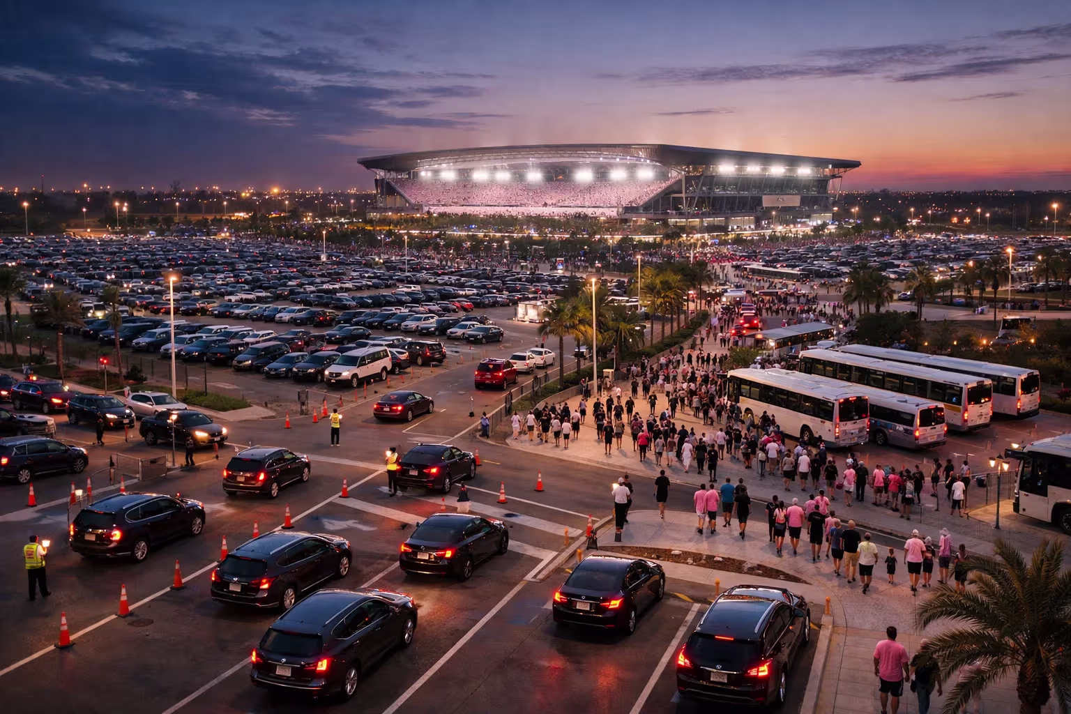 Evening view of organized stadium parking lots with fans arriving and shuttles near a soccer venue