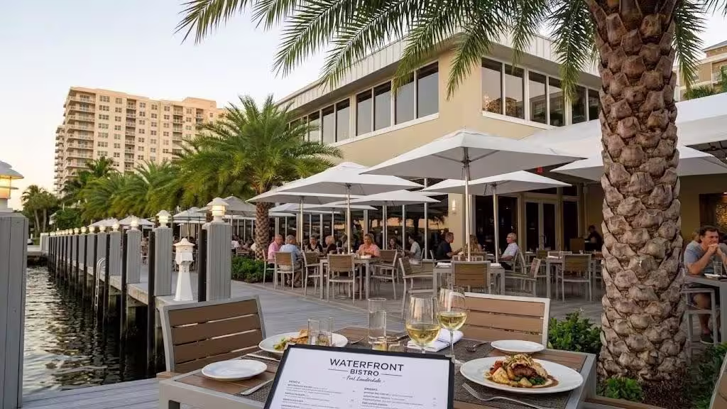 Aerial view of a waterfront restaurant with palm trees, outdoor seating, and canal views in South Florida