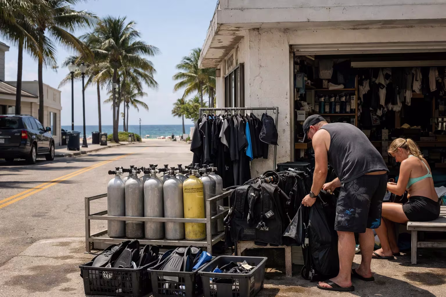 Local dive shop near the beach with scuba equipment and no visible branding in Lauderdale-by-the-Sea