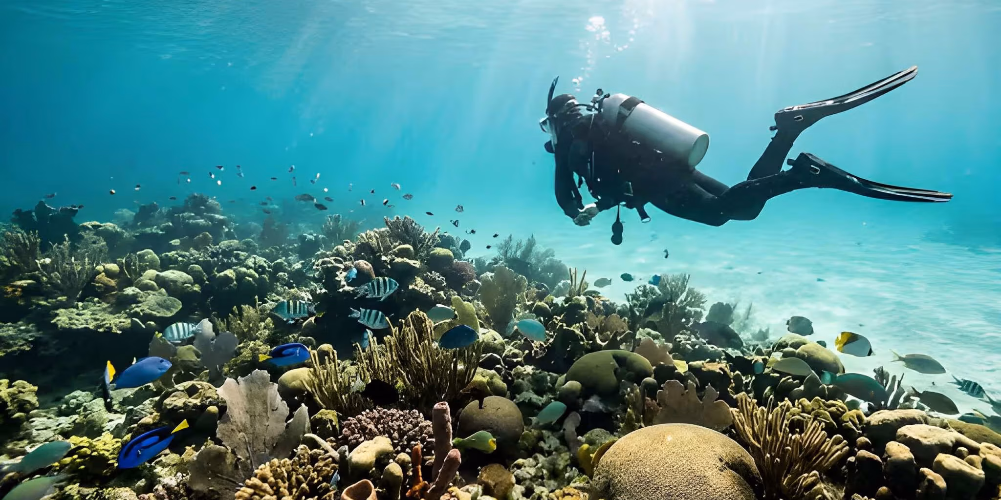 Scuba diver exploring a coral reef just off the shore in Lauderdale-by-the-Sea Florida