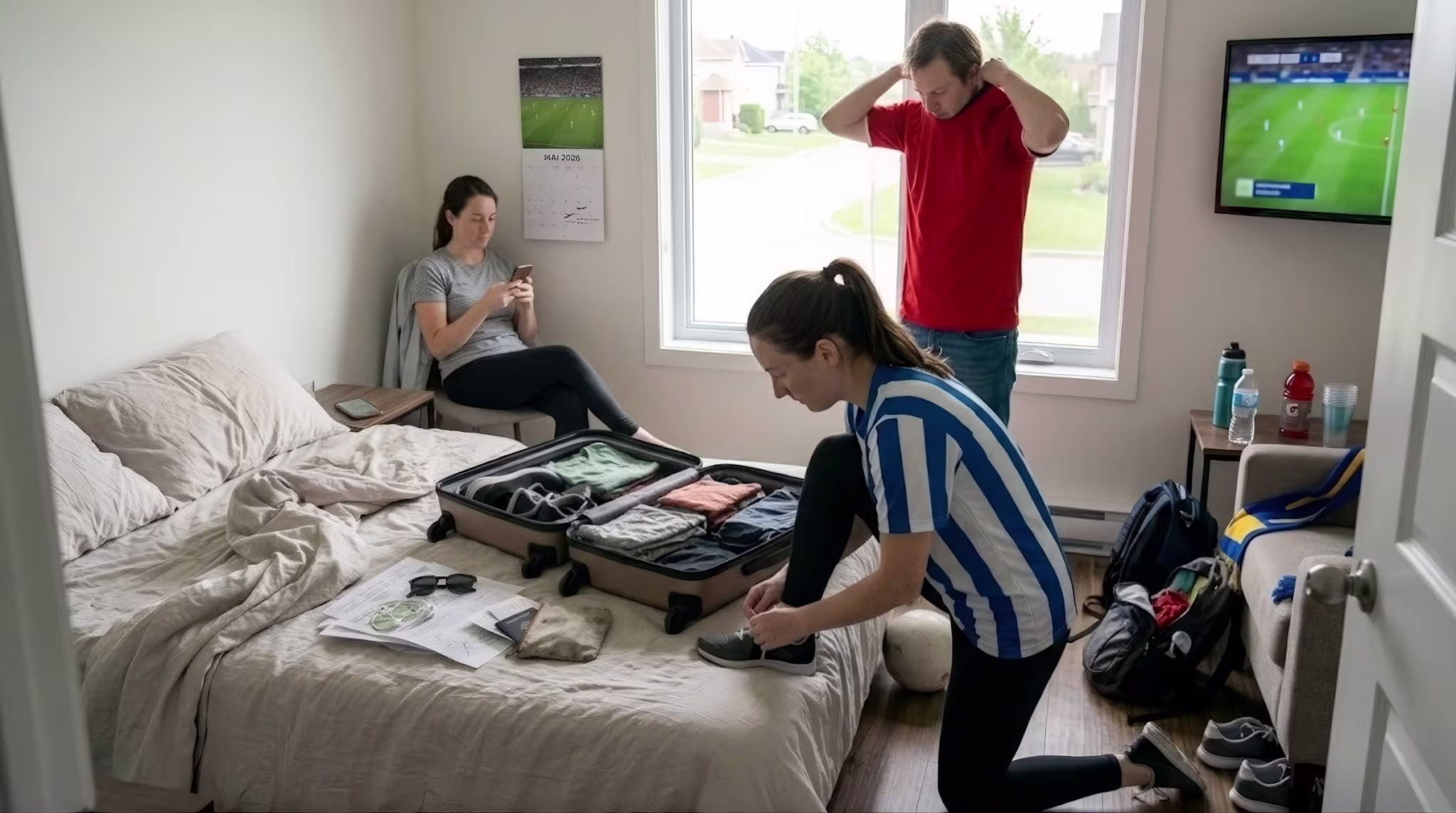 Group of friends getting ready to watch a soccer match in an apartment with jerseys and TV in the background