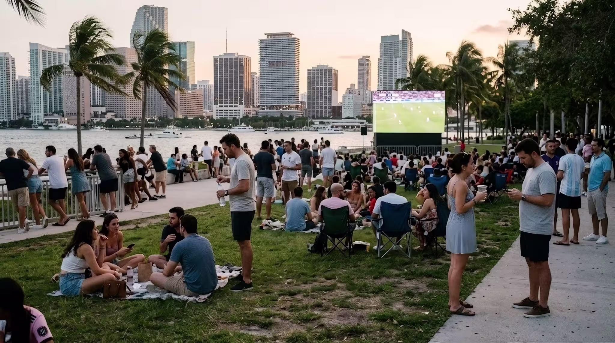 Everyday crowd watching a soccer game on an outdoor screen in a Miami waterfront park