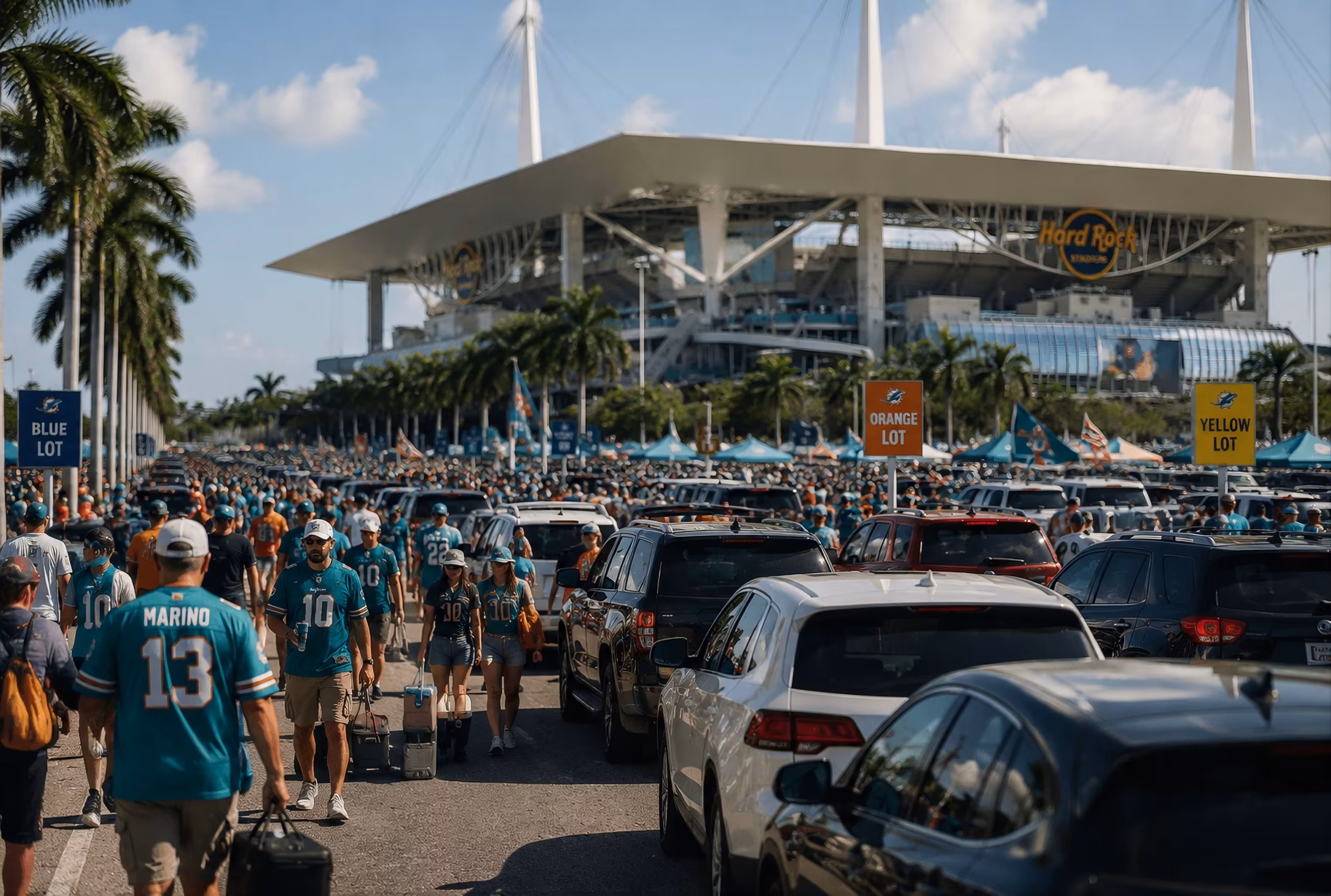 Cars and fans arriving at Hard Rock Stadium in Miami Gardens with heavy traffic and organized parking lots