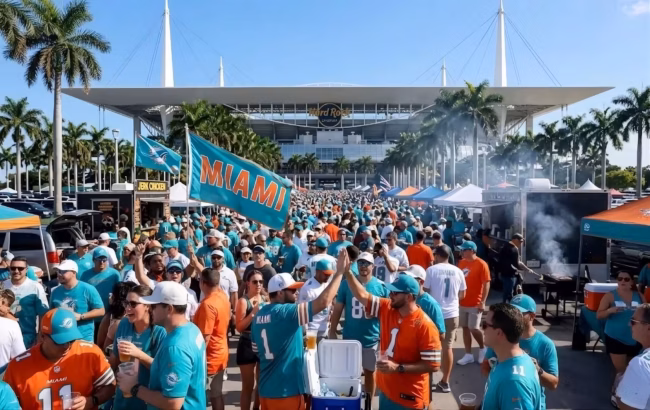 Crowd of Miami Dolphins fans in teal and orange gathered close to the stadium entrance before kickoff