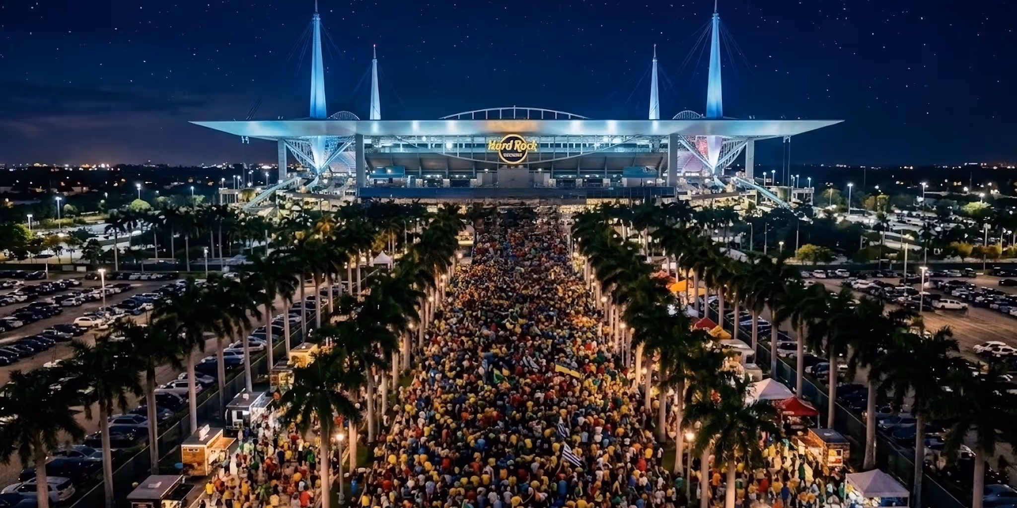 Miami World Cup 2026 Atmosphere – Stadium, Fans and City Vibes Soccer fans arriving near a large stadium in Miami during an international tournament, with palm trees and sunset sky