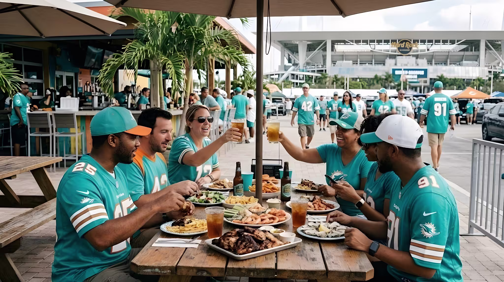 Fans eating at an outdoor restaurant near Hard Rock Stadium before a Miami Dolphins game