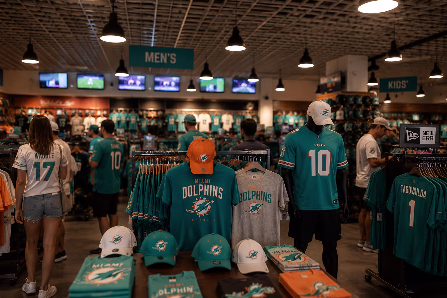 Fans in Miami Dolphins apparel walking near Hard Rock Stadium with access to exclusive areas and merchandise stands