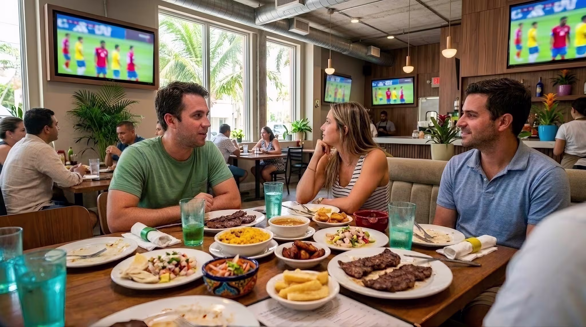 Modern Miami restaurant interior with people dining and watching a soccer match in a relaxed atmosphere