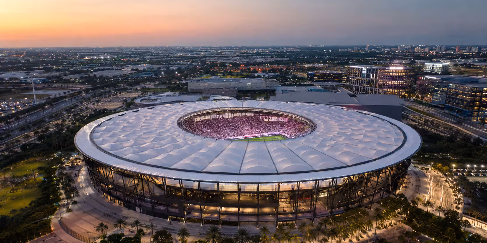 A new era begins at Miami’s modern soccer venue Aerial view of a modern soccer stadium in South Florida during the early evening