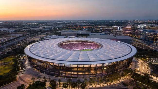 A new era begins at Miami’s modern soccer venue Aerial view of a modern soccer stadium in South Florida during the early evening