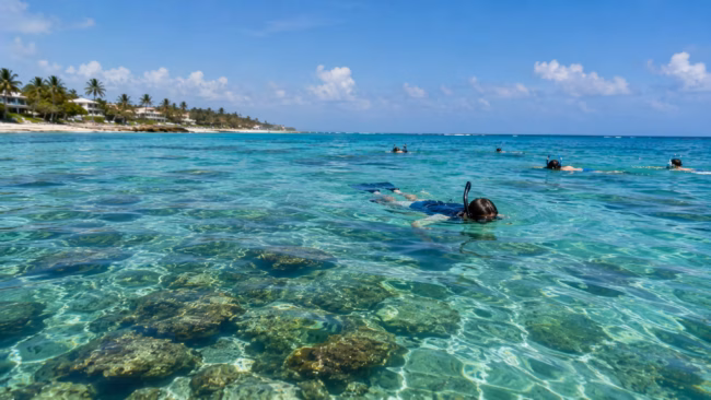 Crystal-Clear Waters Invite Underwater Exploration Snorkelers exploring clear shallow reef waters off the South Florida coastline