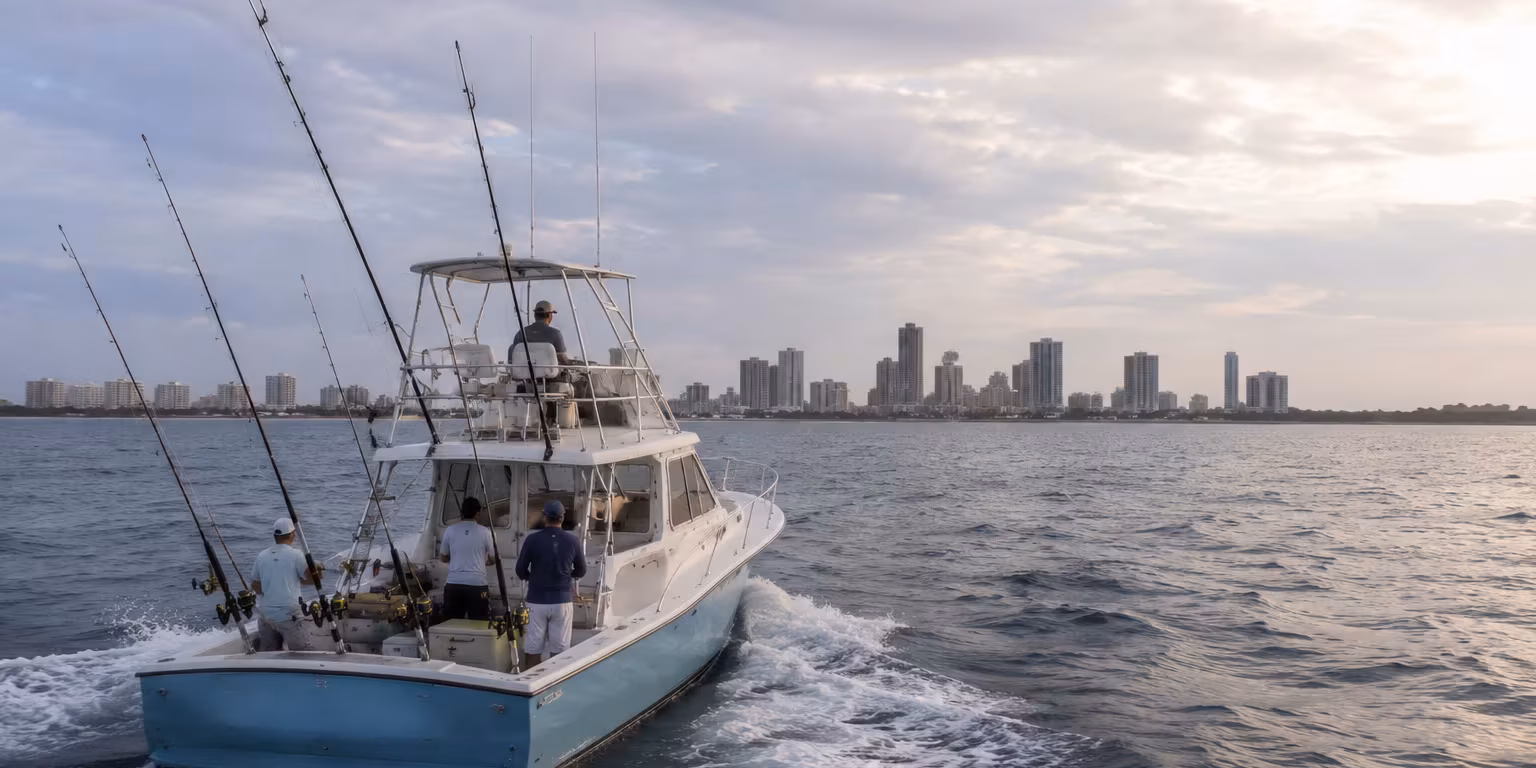 Sportfishing boat cruising offshore near Fort Lauderdale under a cloudy South Florida sky