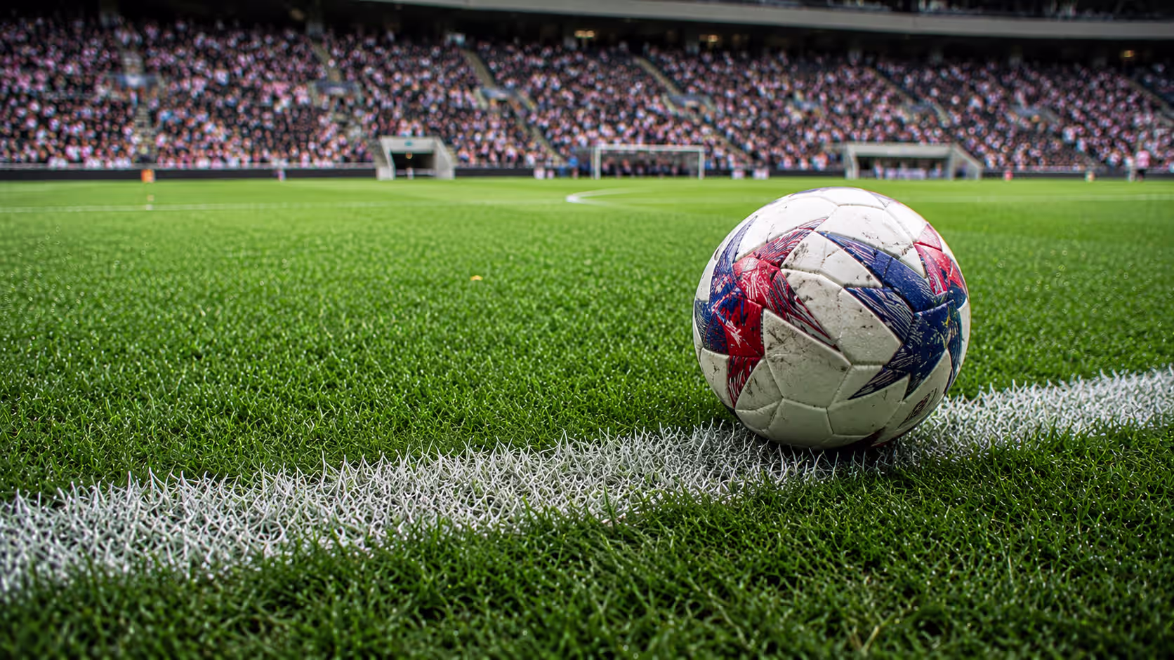 Close-up of a professional soccer ball resting beside the touchline on a stadium field before kickoff
