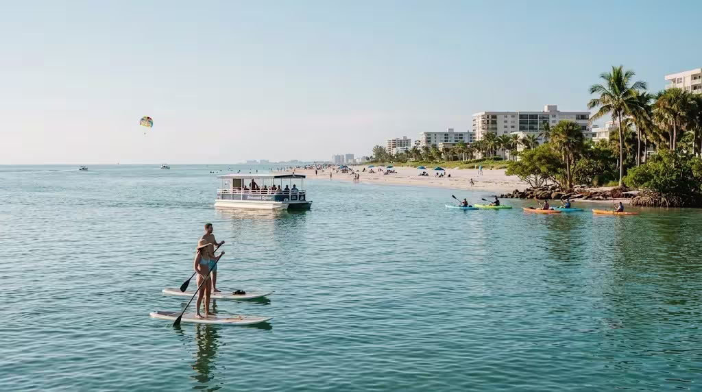 Paddleboarders along Florida's Atlantic coast with sightseeing boats offshore