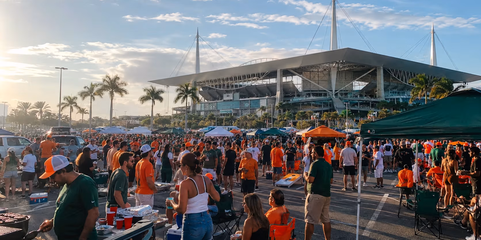 College Football Pregame Atmosphere in South Florida Fans enjoying a lively college football pregame tailgate outside a South Florida stadium before kickoff