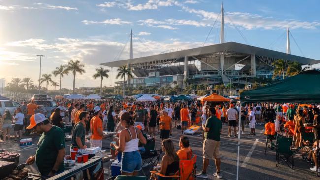 College Football Pregame Atmosphere in South Florida Fans enjoying a lively college football pregame tailgate outside a South Florida stadium before kickoff
