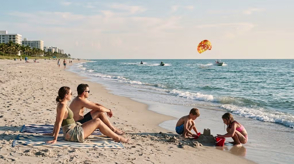 Family on a Florida beach watching jet skis and parasailing offshore